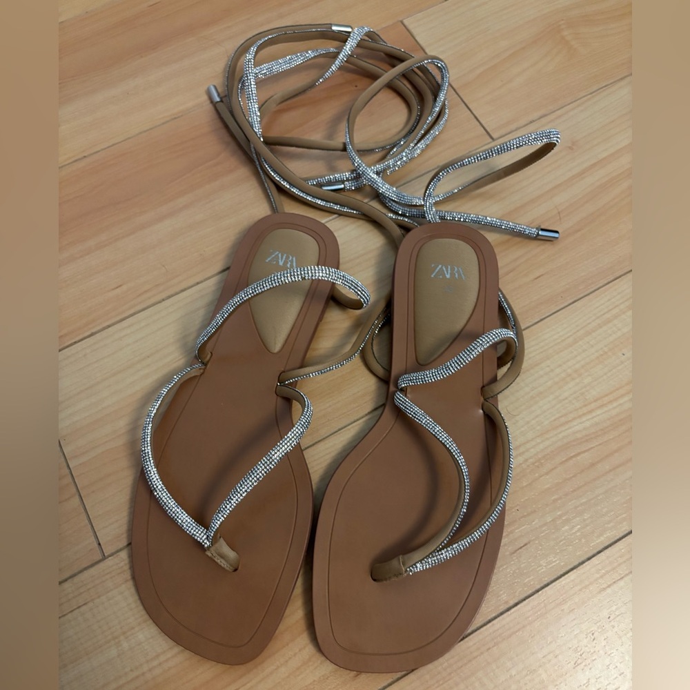 Zara Rhinestone Tie Up Flat Sandals
